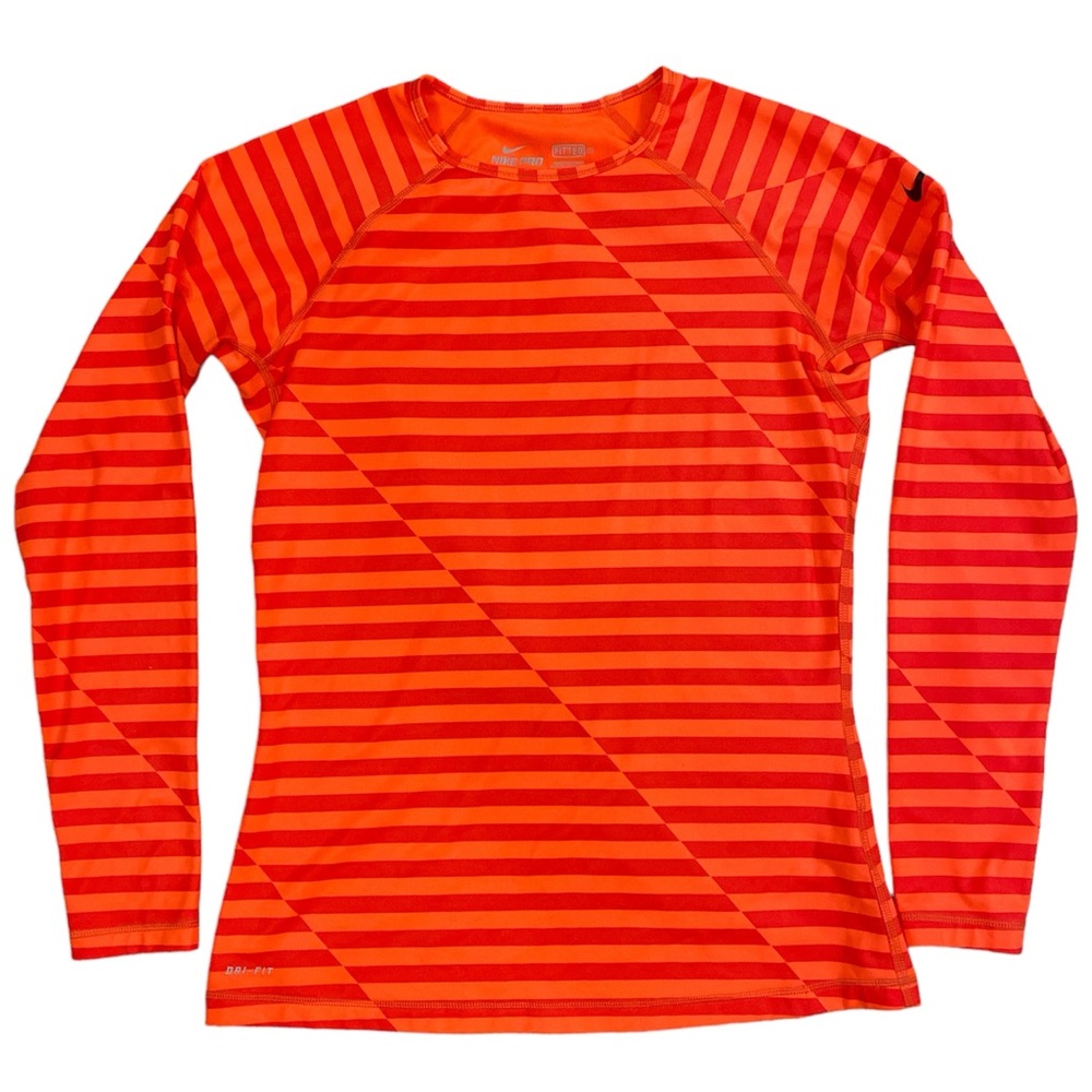 Nike Pro Dri Fit Fitted Orange Striped LongSleeve Athletic Top Thumbholes Large